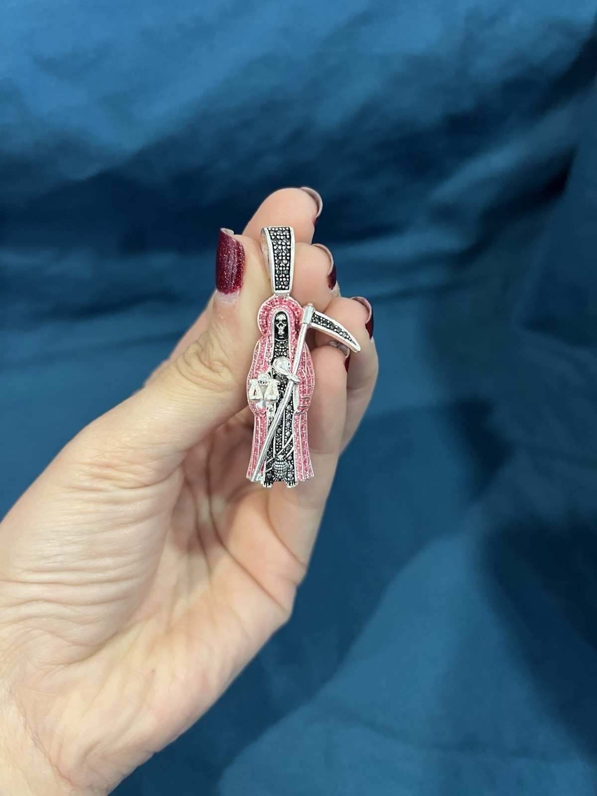 925 Sterling Silver Men Women Pink & Black Stones Santa Muerte Grim Reaper Medal