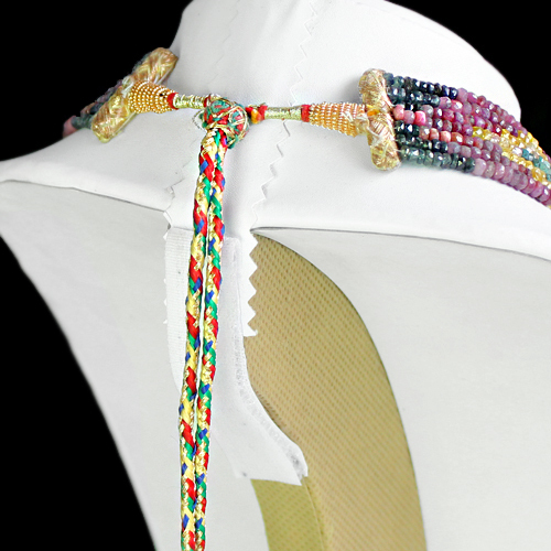 MOST AMAZING 7 LINE 563.00 CTS NATURAL RUBY, EMERALD & SAPPHIRE BEADS NECKLACE