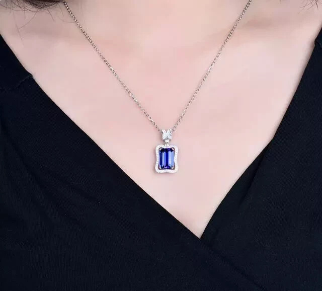 3Ct Emerald Blue Sapphire Solitaire Halo Pendant Free Chain 14K White Gold FN