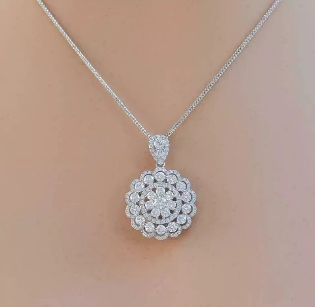Real Moissanite 3Ct Round Cut Cluster Pendant Necklace 14K White Gold Plated