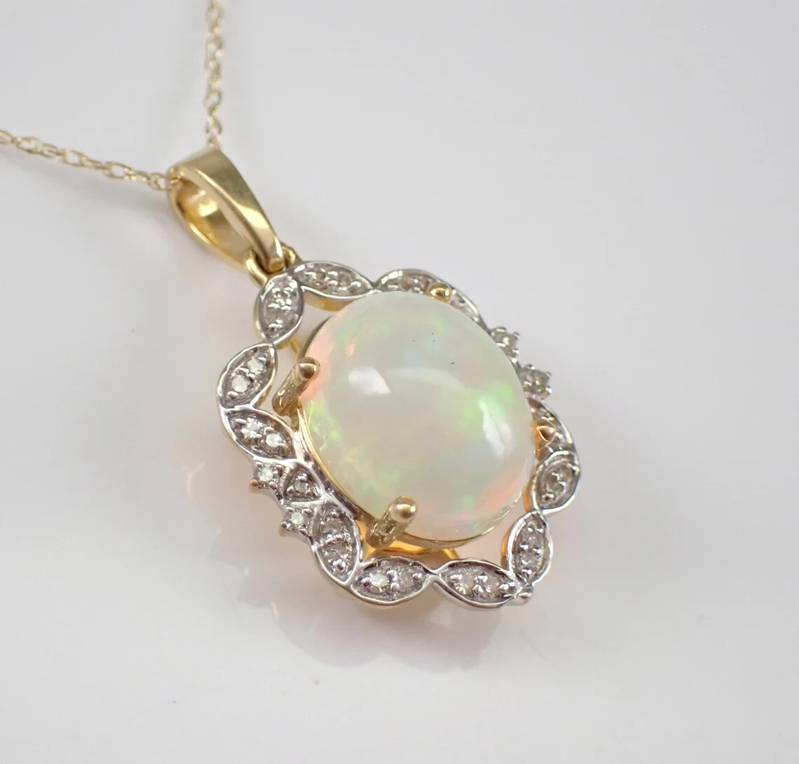 Natural Opal Halo Pendant Necklace 10k Yellow Gold Choker with 18 inch Chain