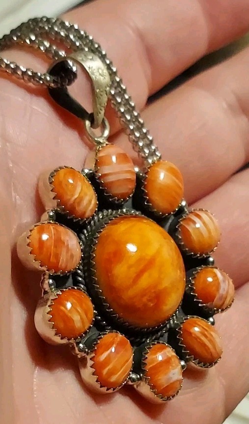 New HUGE Sterling Silver Natural Orange Spiny Cluster Pendant with Chain