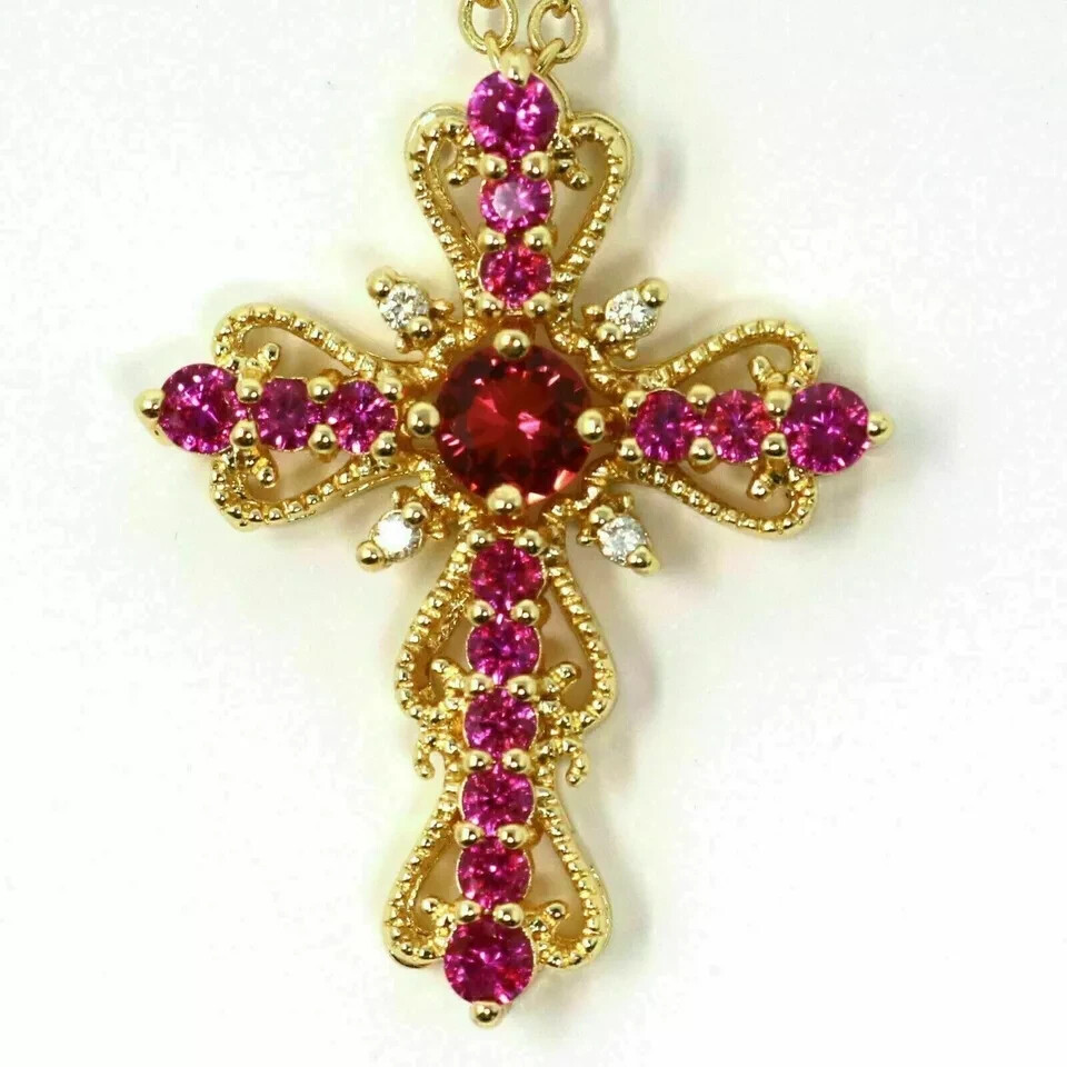2.70Ct LabCreated Diamond Round Ruby Unique Cross Pendant 14K Yellow Gold Finish