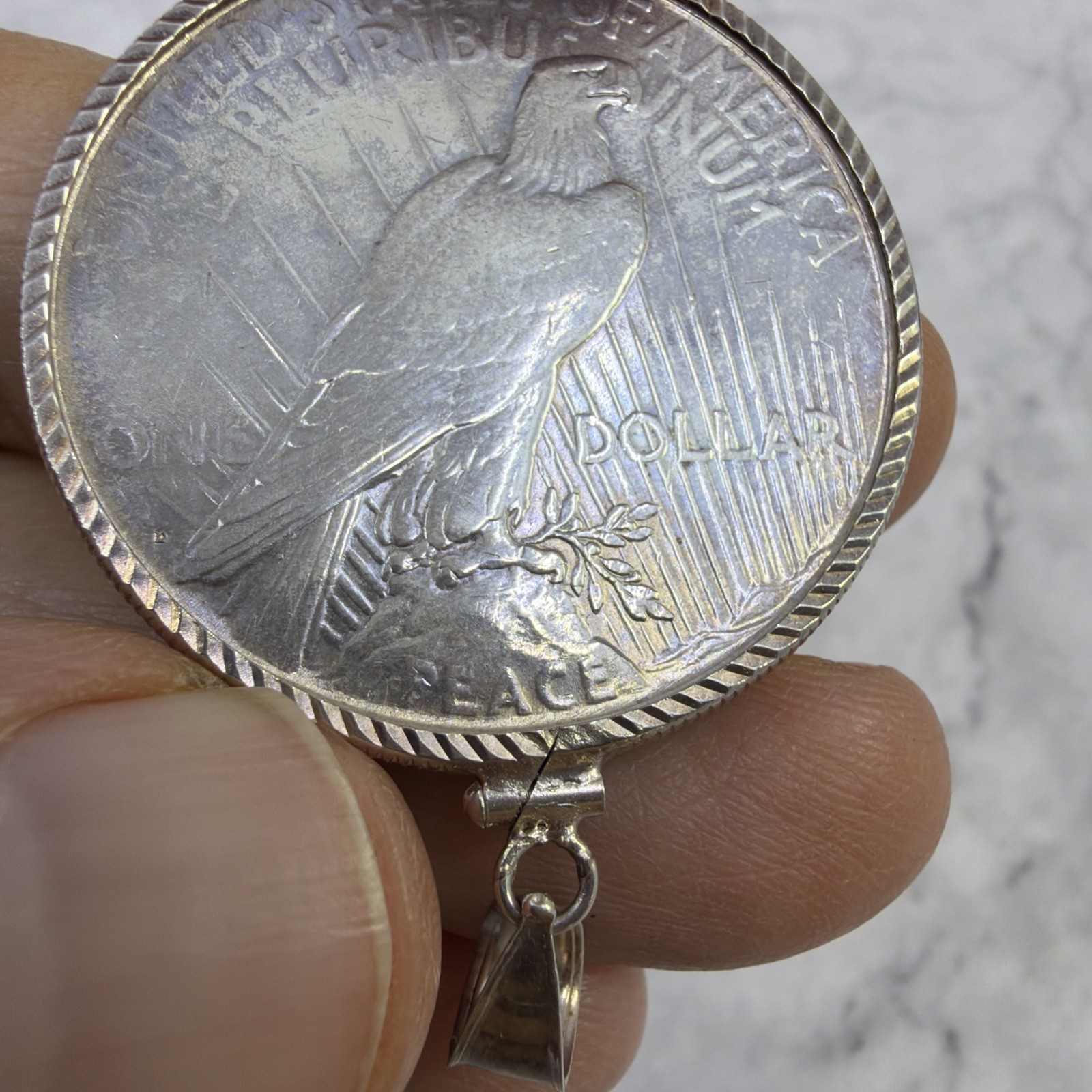 Peace Dollar Pendant 90% Silver AU Coin Sterling Silver Rope Bezel Soldered Bail