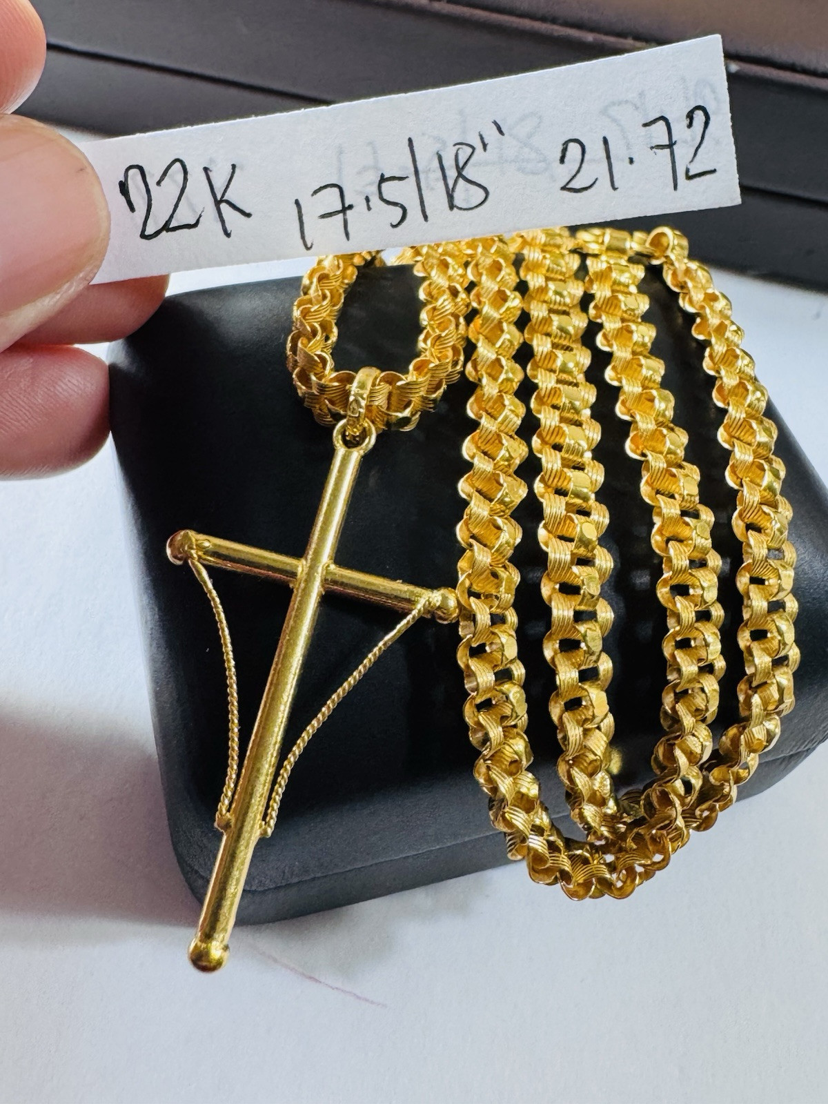 22K 916 22C Fine Real Gold 17.5”/18 inch Cross Necklace 21.7g 6mm