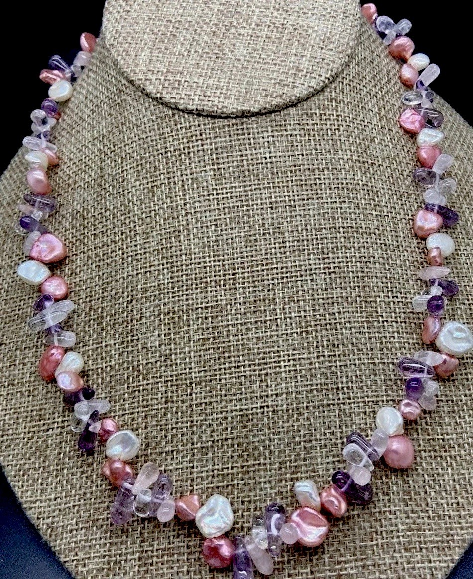 Honora Sterling Silver Keshi Pearl & gemstone pieces necklace new in pouch