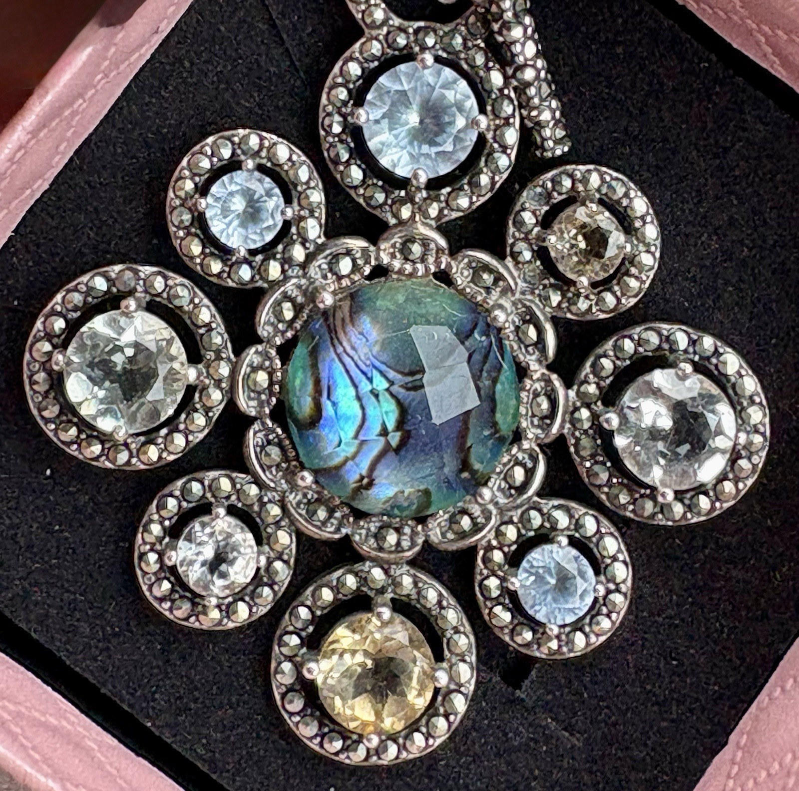 925 Sterling Silver Abalone Multi Stone Toggle Necklace Convertible Up to 20”