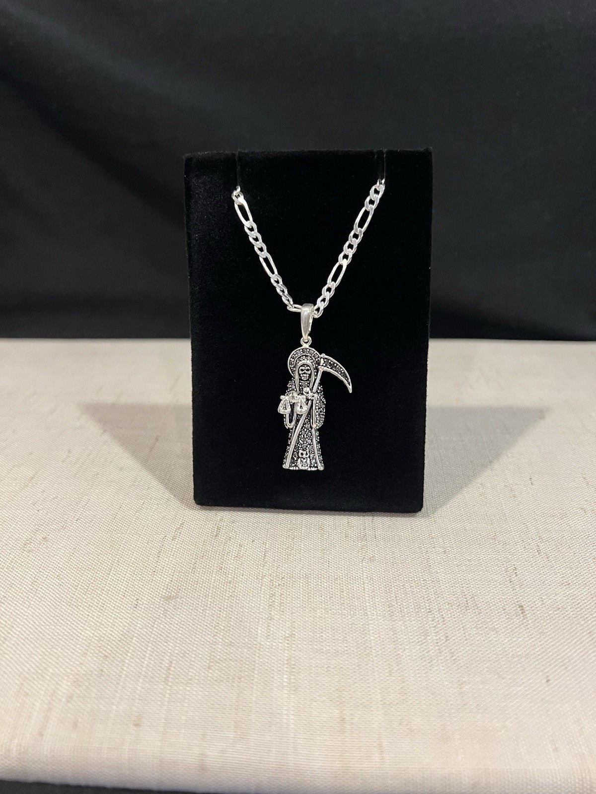 925 Sterling Silver Small Stones Santa Muerte Grim Reaper Figaro Chain 20 22 24