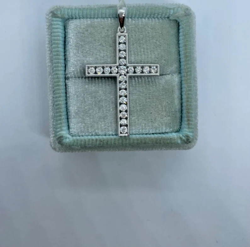 0.48Ct Round Cut Real Moissanite Cross Religious Pendant 14K White Gold Plated