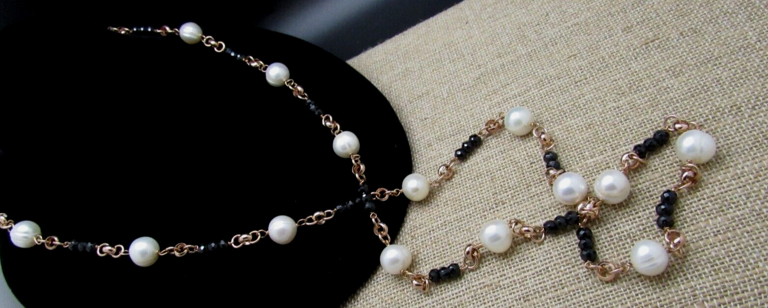HONORA WHITE PEARL & BLACK BEAD NECKLACE BRONZE MILOR ITALY NEW IN BOX
