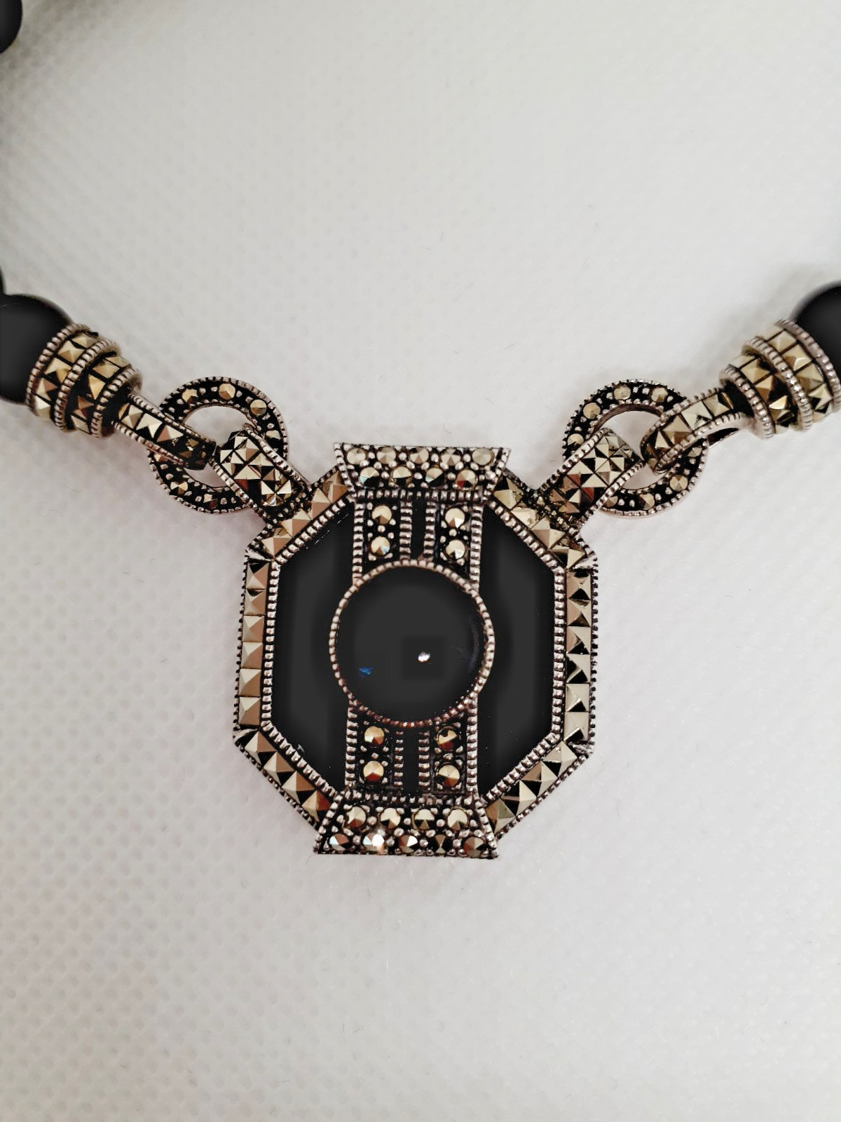 VTG. 925 Sterling Silver Marcasite Signed Judith Jack Blk. Onyx Pendant Necklace
