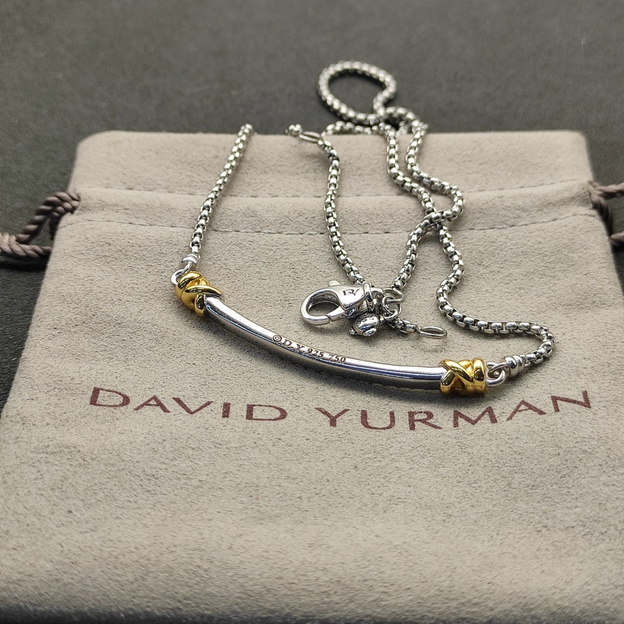 David Yurman Two Tone Crossover Bar Pendant 925 Silver 18K Gold Pave Diamond 55
