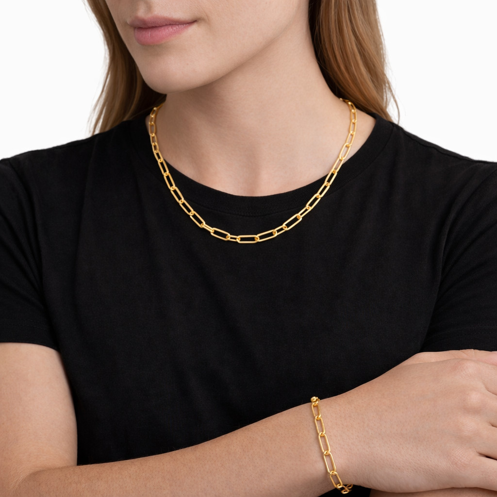 Italian 1/200 14k Yellow Gold Overlay Paperclip Chain Necklace Bracelet Set
