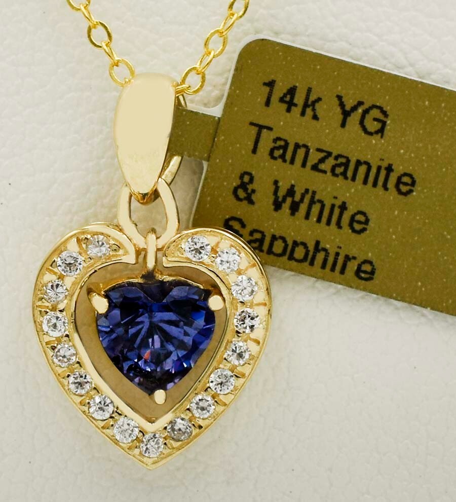 LAB CREATED 0.78 Cts TANZANITE & WHITE SAPPHIRES NECKLACE 14K GOLD – NWT