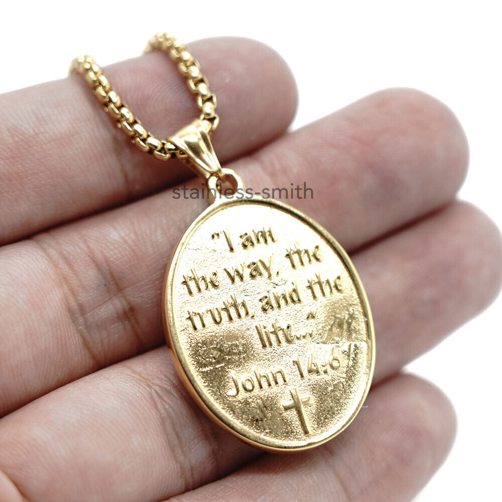 Mens Womens Gold Plated Baby Jesus Medallion Pendant Necklace Stainless Steel