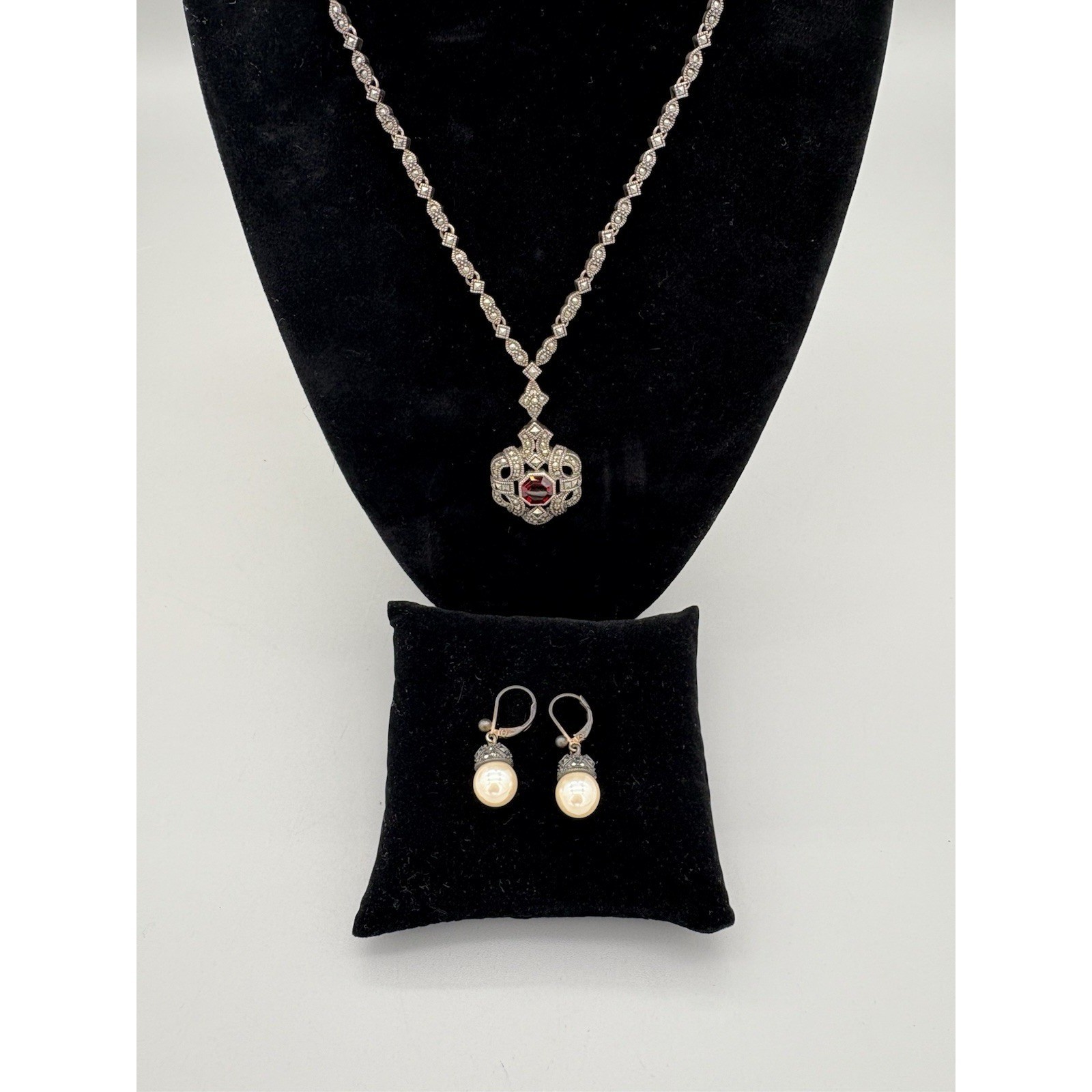 Judith Jack Marcasite sterling silver Necklace & SS Faux Pearl Earrings 30g 9″