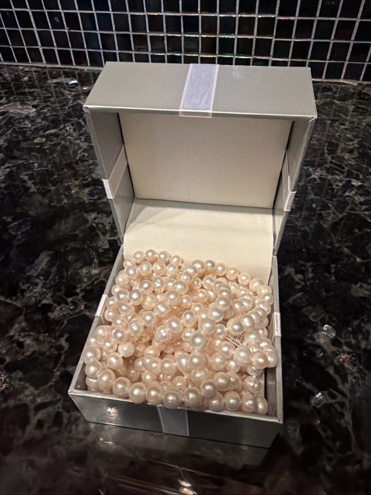 100” Freshwater White Pearl Necklace Endless Strand Genuine 7mm Orig. NWT $500