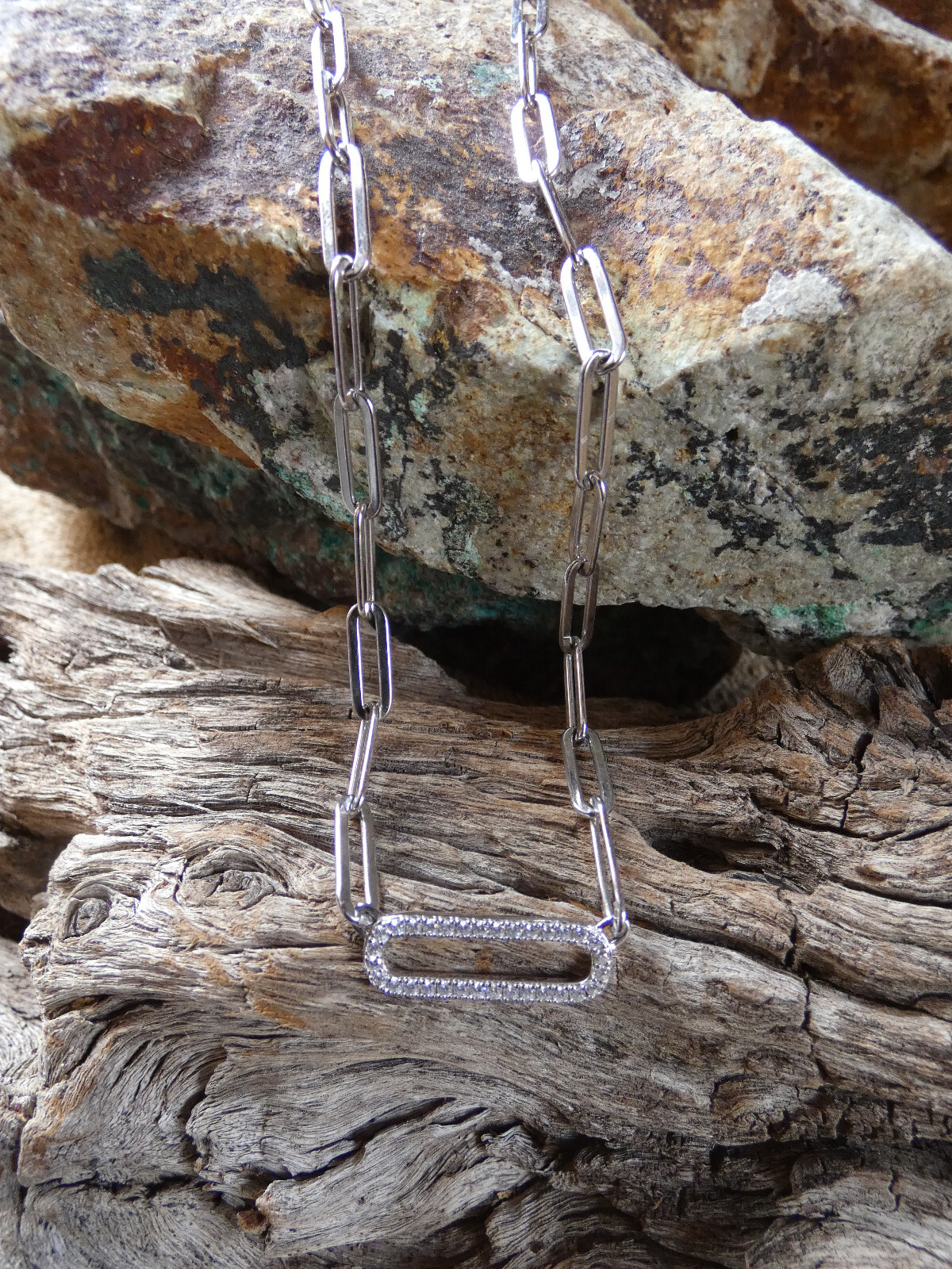 Paper Clip Trendy Necklace .40 ct. t.w. CZ Sterling Silver 17 inch To 19 inch