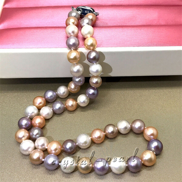 18“ AAA Japanese Akoya 10-9 mm white PINK Purple pearl Necklace Multicolor