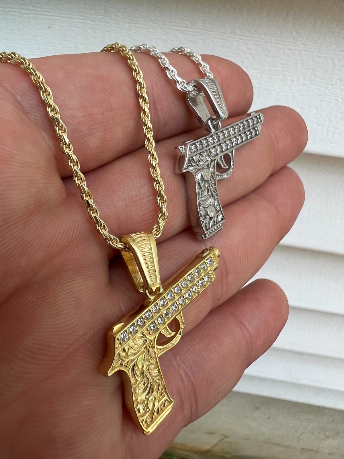 Real 925 Silver / 14k Gold Plated Gun Desert Eagle Pistol Pendant Necklace CZ