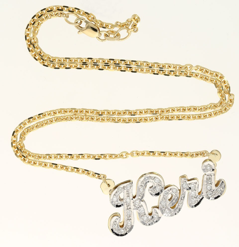 Natural Diamond ‘Keri’ Shadow Nameplate Necklace .37CT Multi-tone Gold 16” Long