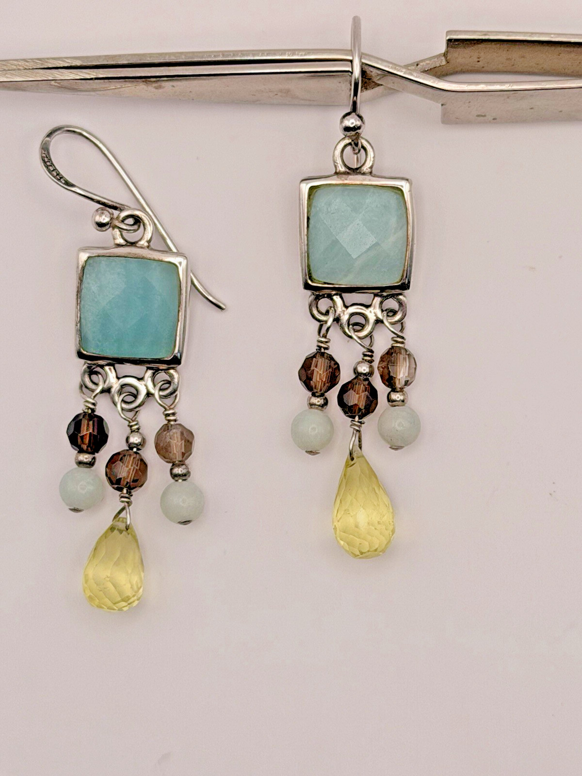 Barse 925 Blue Larimar, Citrine, Smoky Quartz Dangle Earrings – Rare Find