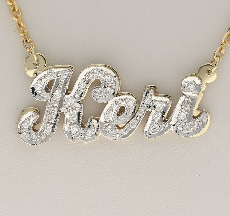 Natural Diamond ‘Keri’ Shadow Nameplate Necklace .37CT Multi-tone Gold 16” Long