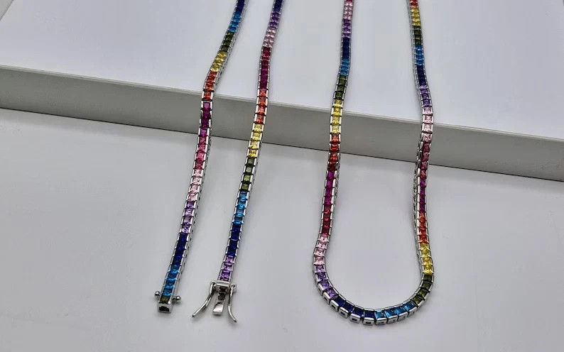 20TCW Princess Lab Created Rainbow Sapphire Tennis Necklace 925 Sterling Silver