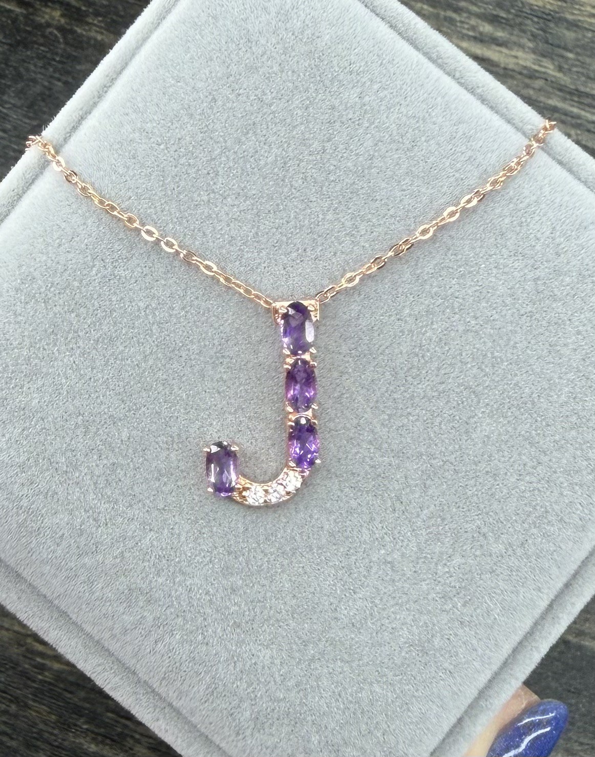 Stunning Natural Purple Amethyst Initial J -18K Rose Gold Pendant/Necklace 20 in
