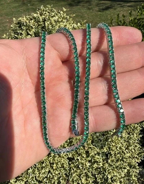 45CT Lab Created Green Emerald 14K White Gold Plated 4mm Womens Tennis Necklace