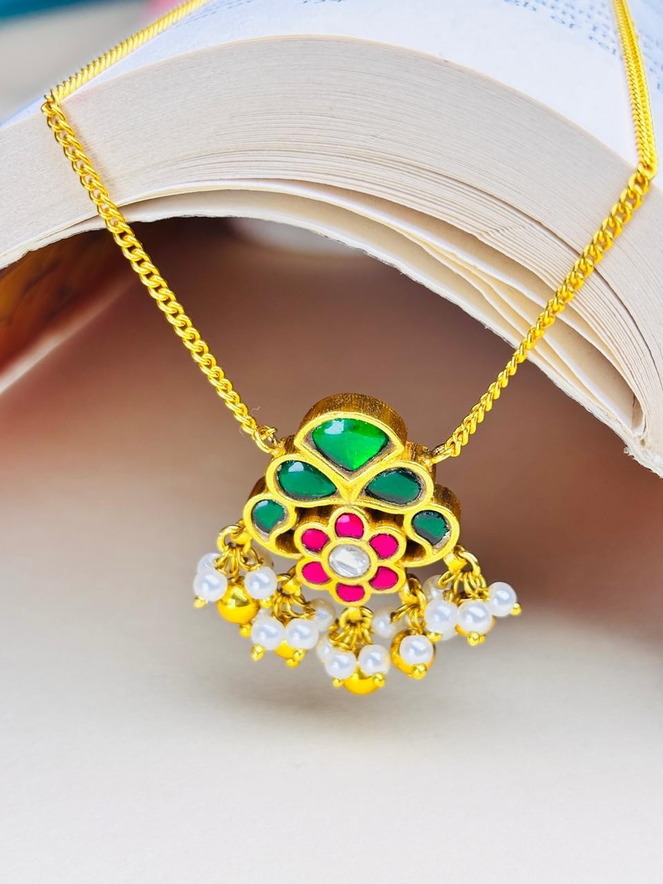925 Silver Green Pink Floral Pendant Set Gold Plated Pearl Jewelry For Women