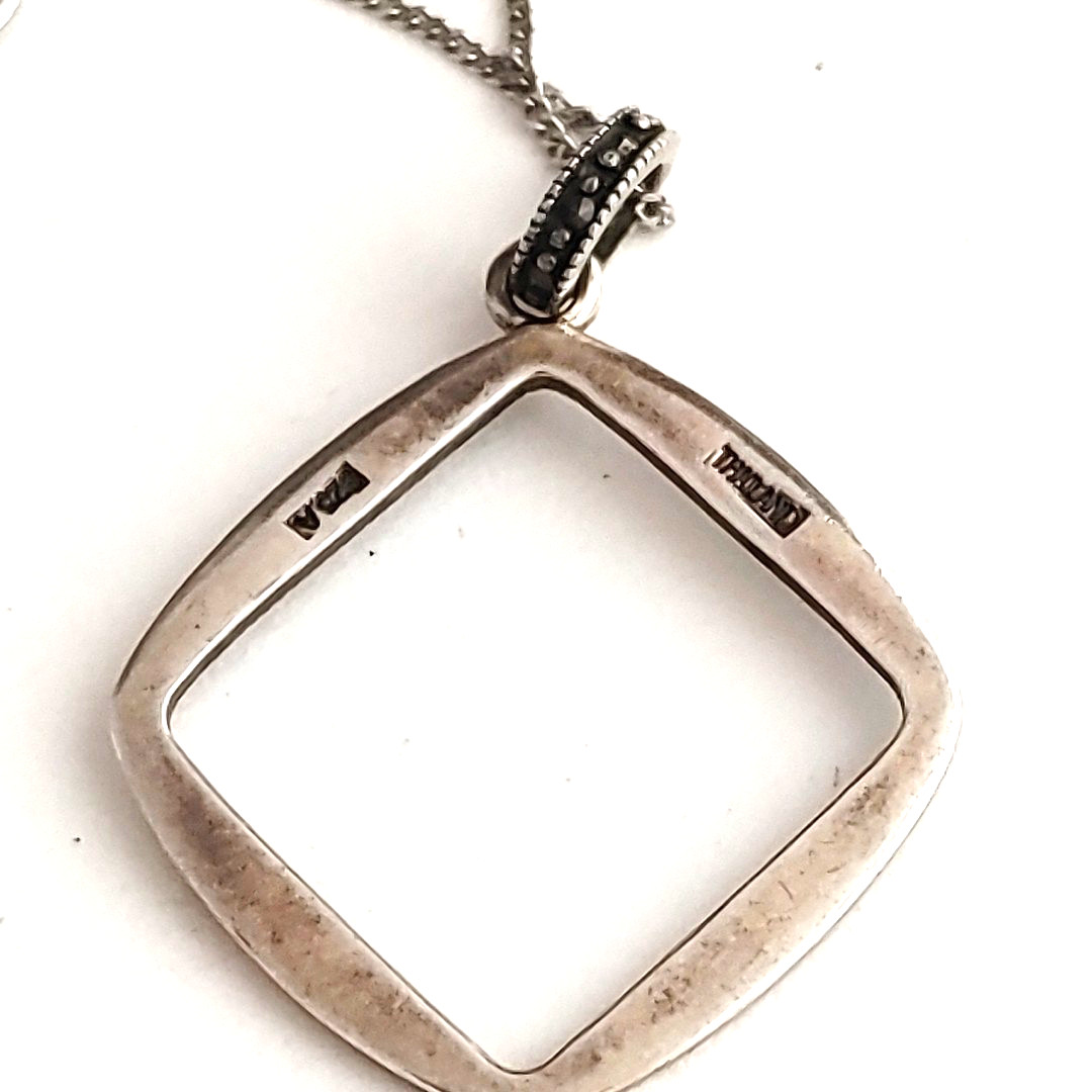 Sterling Silver Marcasite Pendant Necklace Open Square Bohemian Thailand 18”