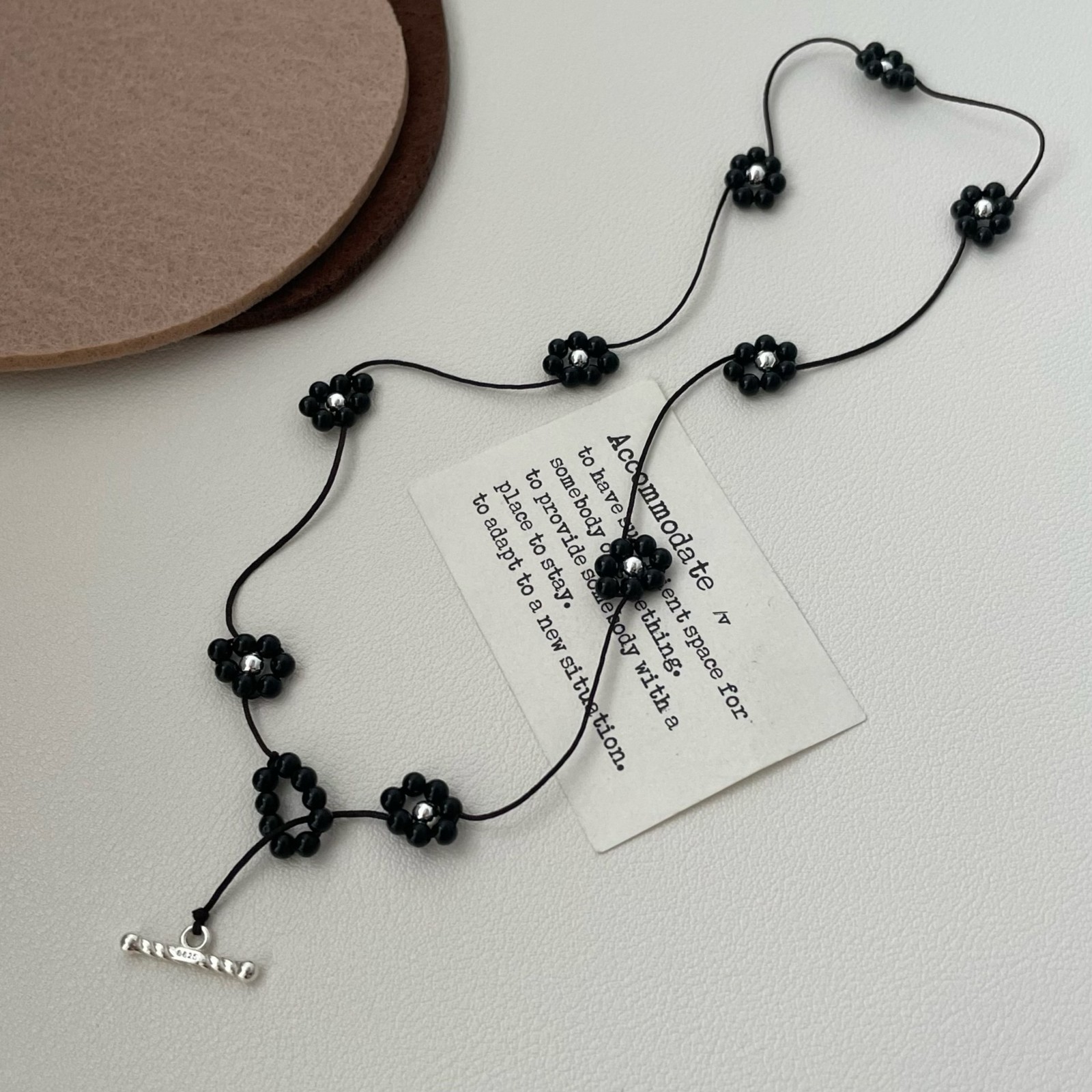 Dainty Black Flower Beaded Choker Necklace S925 Silver Minimalist Korean Jewelry