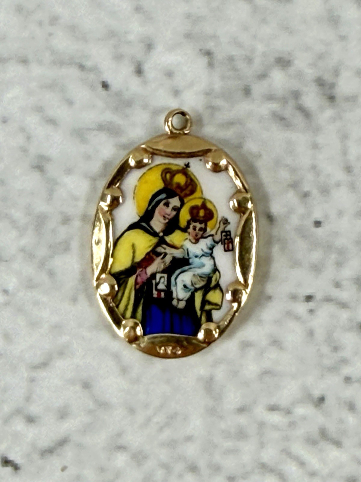 14k Yellow Gold and Porcelain Cathloic Medal Our Lady of Mount Carmel