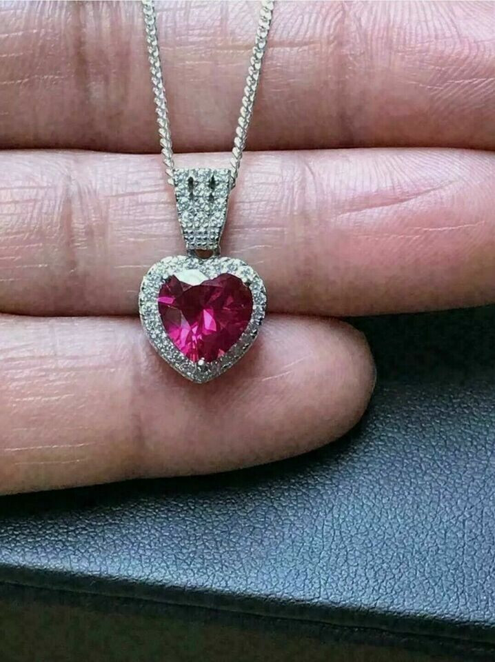 2.00Ct Heart Cut Pink Ruby Halo Pendant Women’s 14K White Gold Finish Free Chain