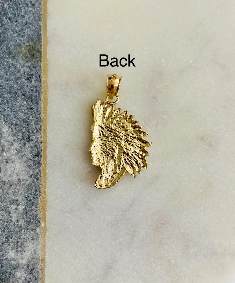 14K Solid Gold Indian Head 1.2″ Pendant, 14K Gold Chief Face Head Charm- PT1609