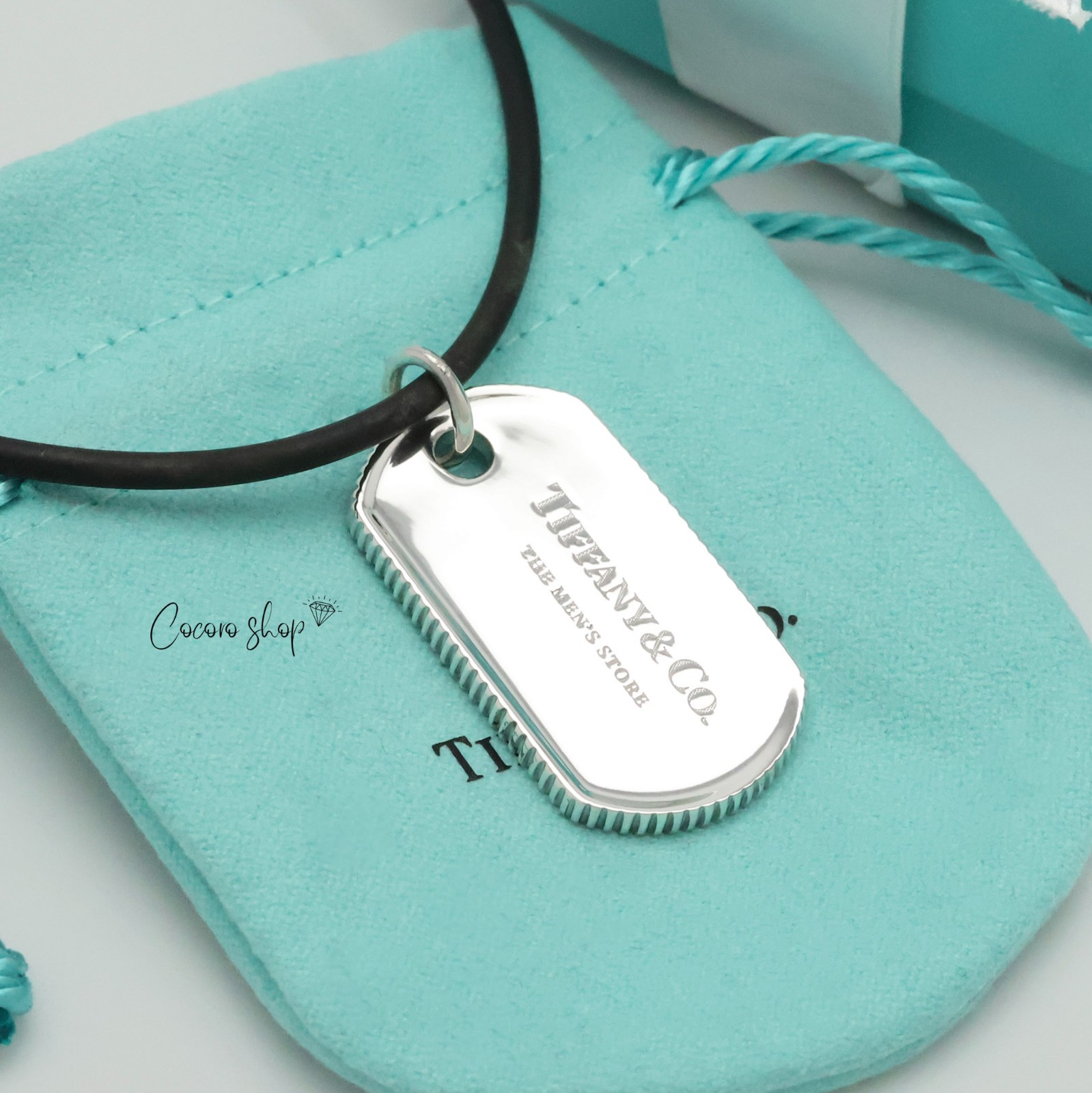 Authentic Tiffany & Co. Coin Edge Dog Tag Rubber Cord Necklace 21.2″ w/Pouch