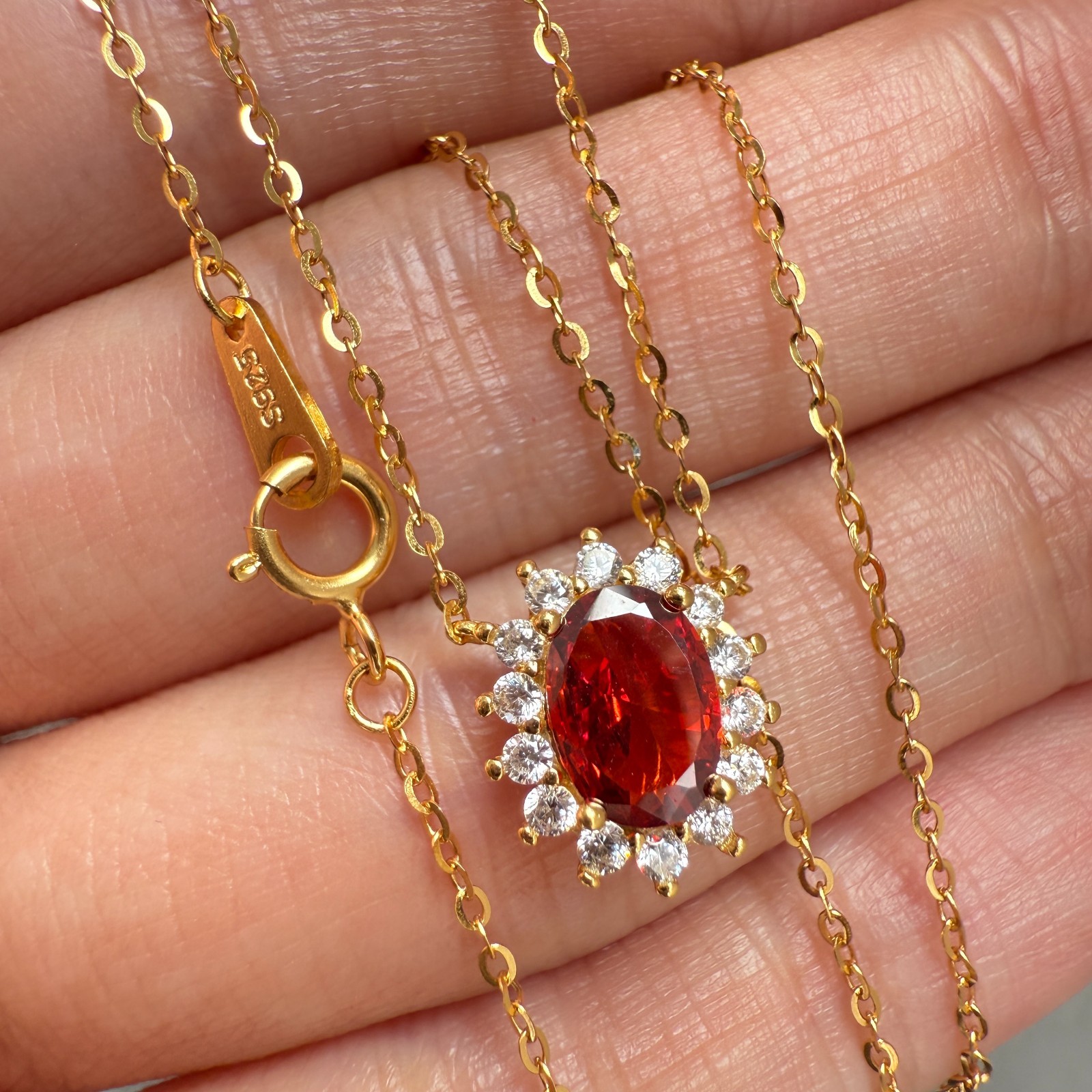 925 Sterling Silver Necklace 7x5mm Natural Garnet Zircon Handmade Flower Chain