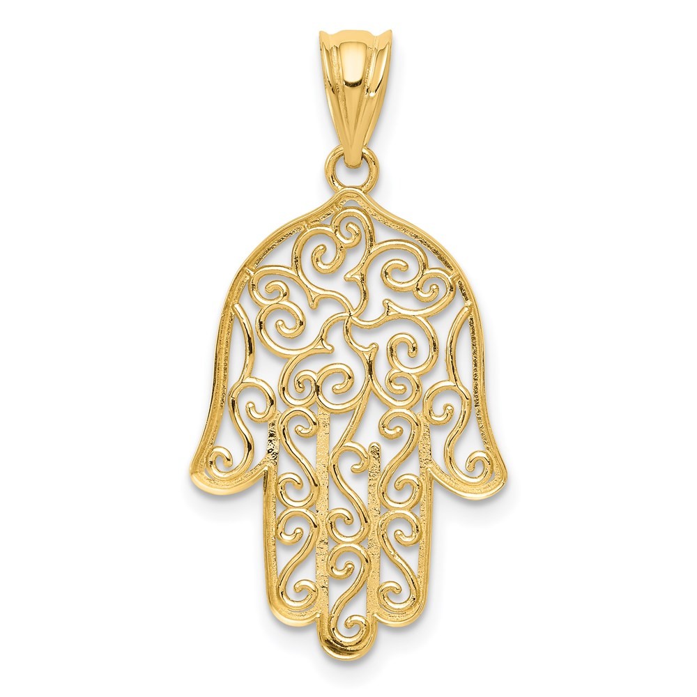 14k Yellow Gold Filigree Hamsa Pendant, 16 x 31mm