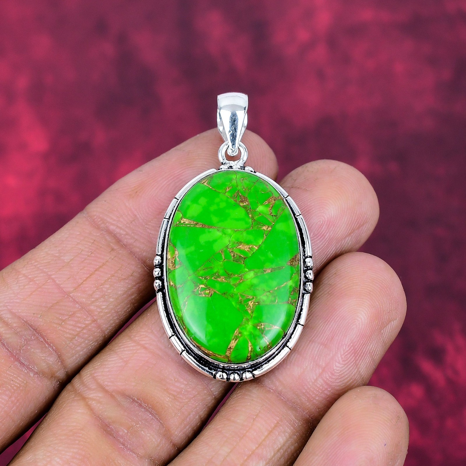 Green Copper Turquoise Gemstone Handmade 925 Sterling Silver Pendant Jewelry