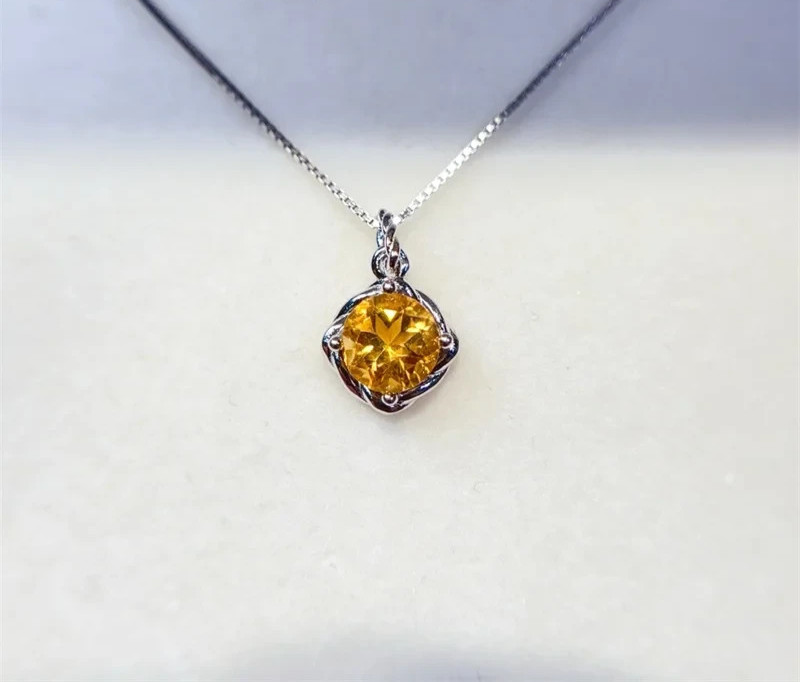 Yellow Citrine Pendant Necklace 6mm 925 Sterling Silver Natural Citrine