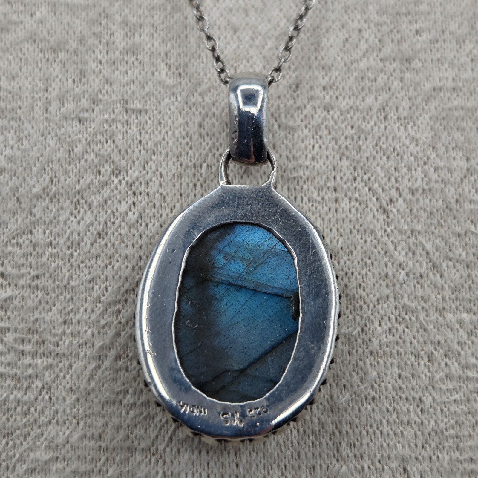 Vintage 925 Sterling Silver Labradorite Pendant Necklace India YS 18″ Chain