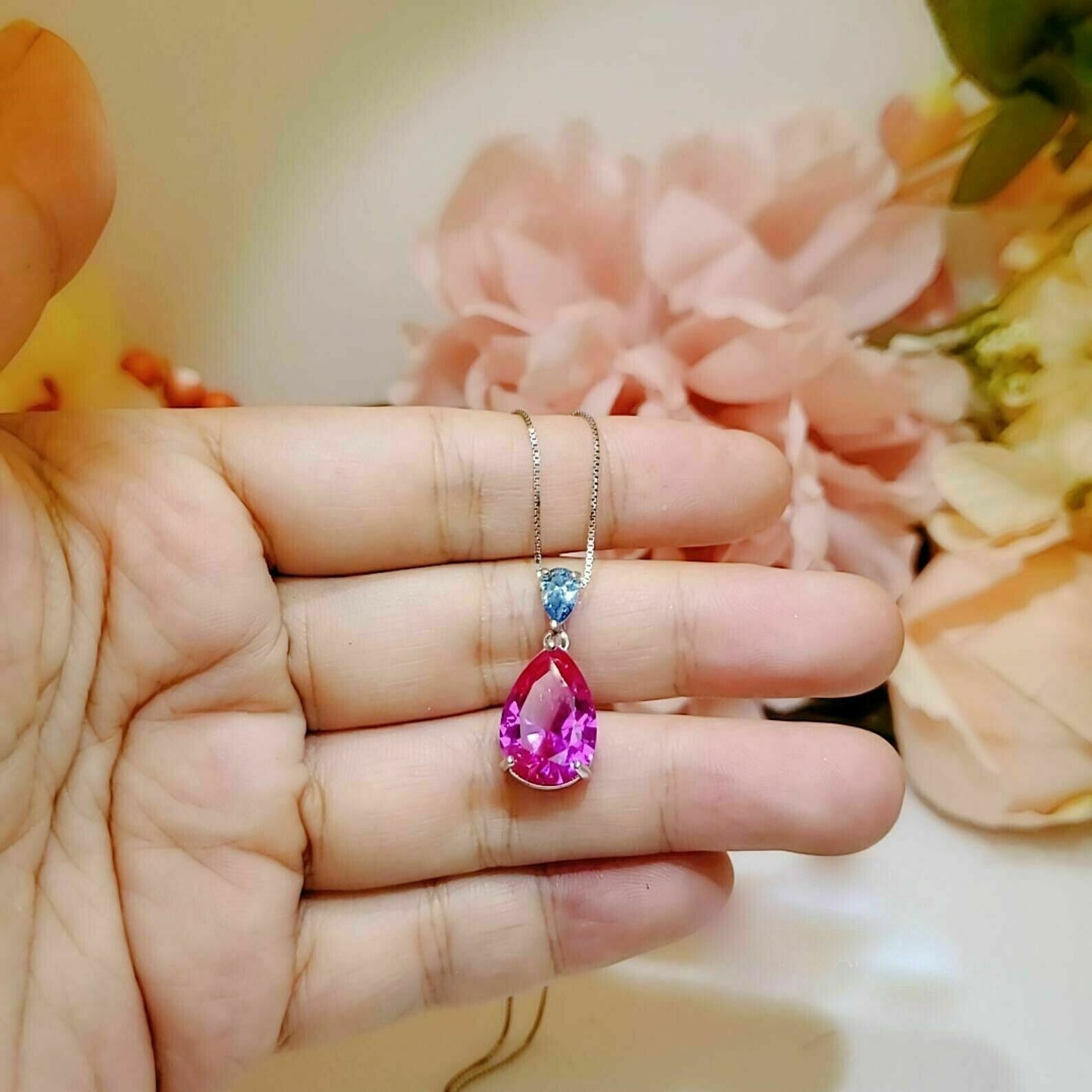 2.10Ct Pear Cut Pink Sapphire Teardrop Pendant 14K White Gold Plated Free Chain