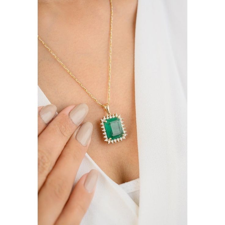 Best Seller ! Emerald Natural Green Emerald & Diamond Pendant 14k Yellow Gold