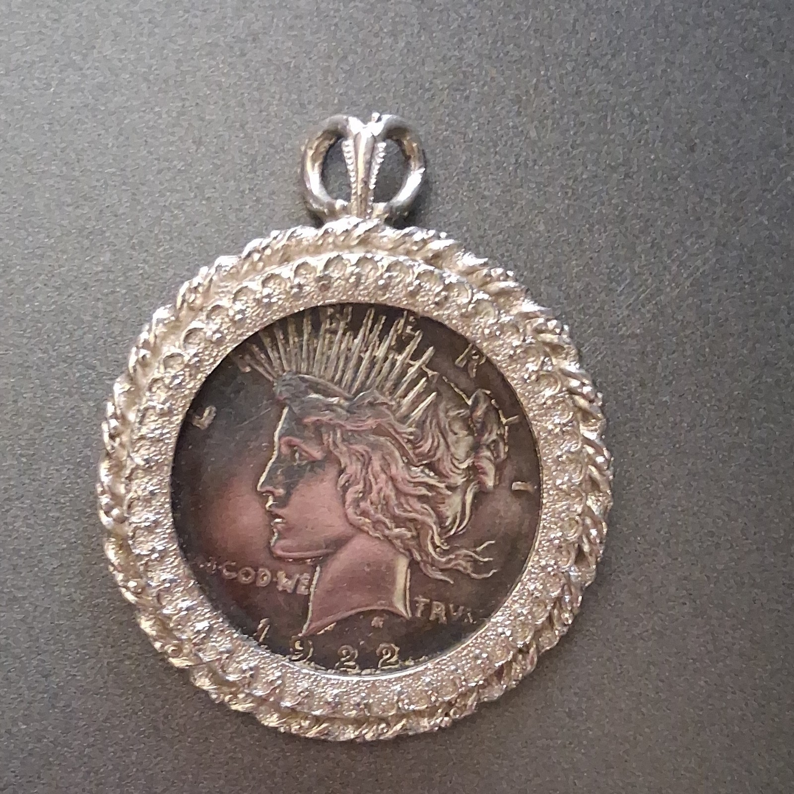 1922 Peace Silver Dollar 925 B&B Sterling Silver Coin Pendant Round Rope Bezel