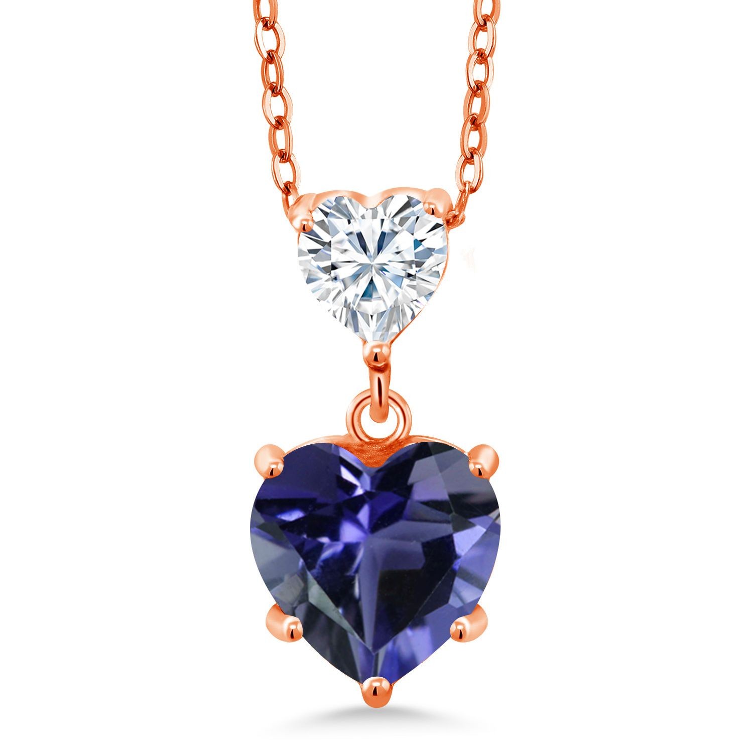 18K Rose Gold Plated Silver Heart Shape Blue Iolite and Moissanite Pendant