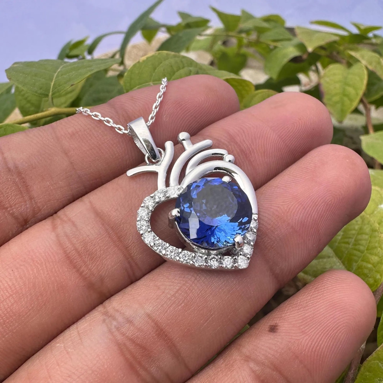 Certified Blue Sapphire 29 Ct Heart Pendant Necklace 925 Sterling Silver