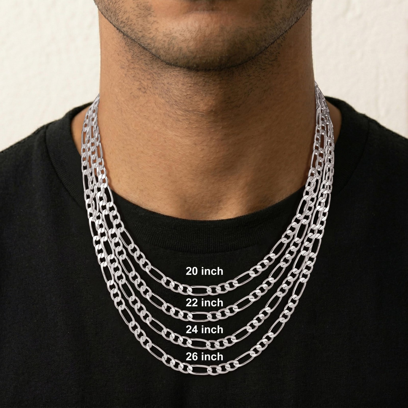 Silver Figaro Chain Necklace for Men & Women, 925 Sterling Silver, Diamond Cut,