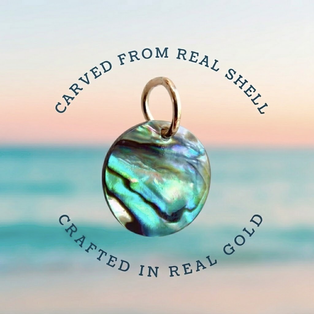 14k Solid Gold Charm • Coastal Abalone Coin Shell Pendant • Beachy Ocean Jewelry
