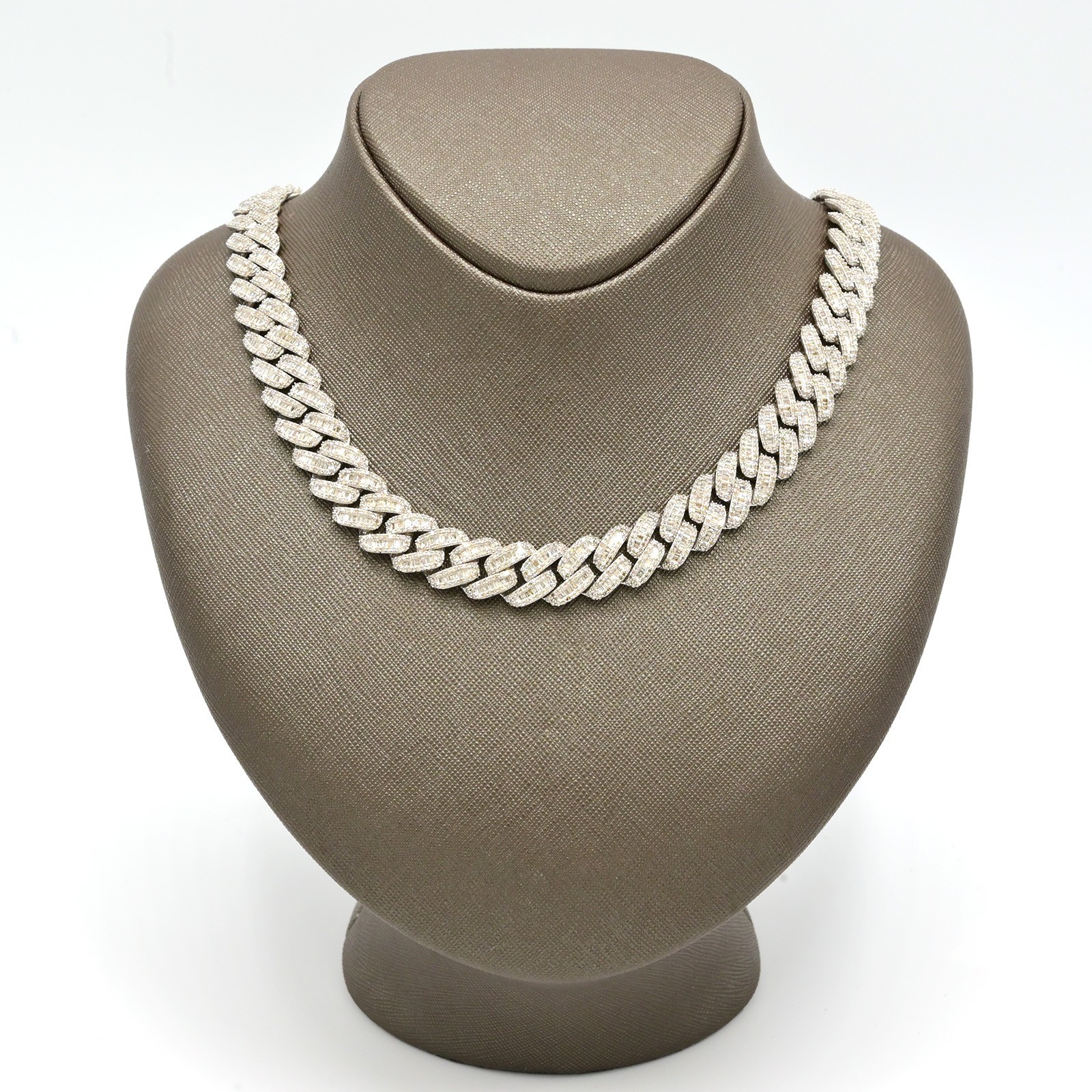 13MM 10k White Gold 21In 24CTW Natural Round/Baguette Diamond Cuban Chain 80.5gm